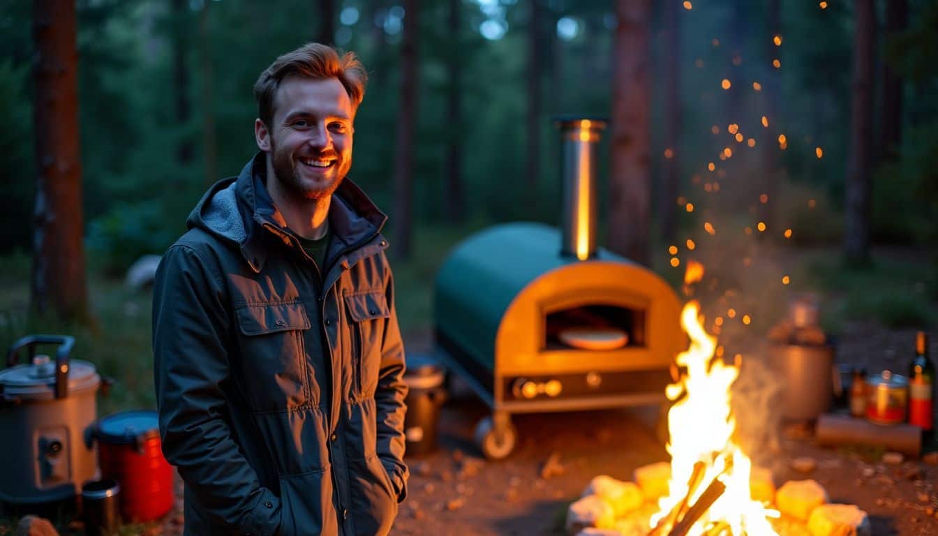 A man in his mid-30s enjoys a campfire during a camping trip.