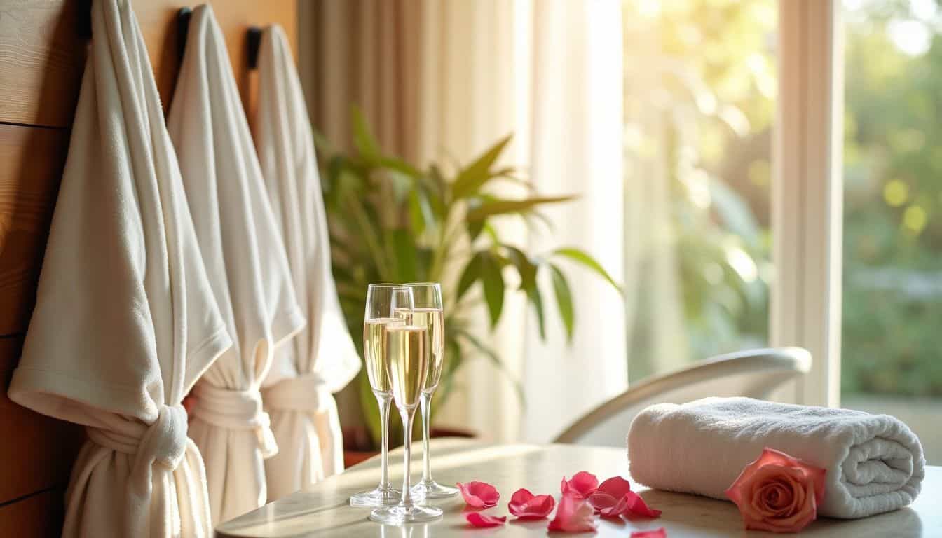 A spa setting with robes, towels, champagne glasses, and rose petals.