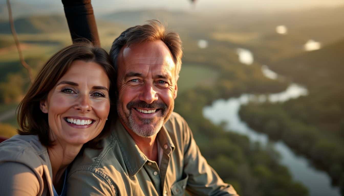 A middle-aged couple enjoys a hot air balloon ride over New Braunfels.