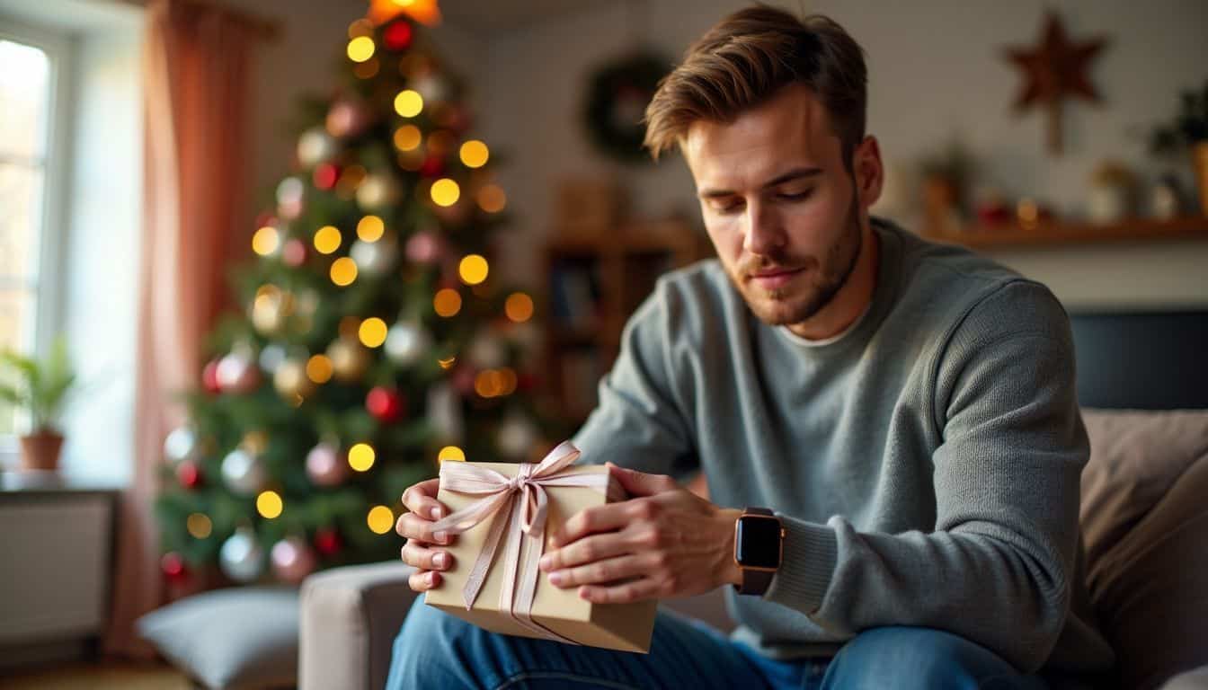 A man unwrapping a smartwatch on Christmas morning in a cozy living room.