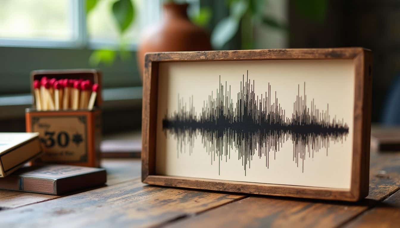 A custom soundwave art piece on a rustic desk with matchboxes.