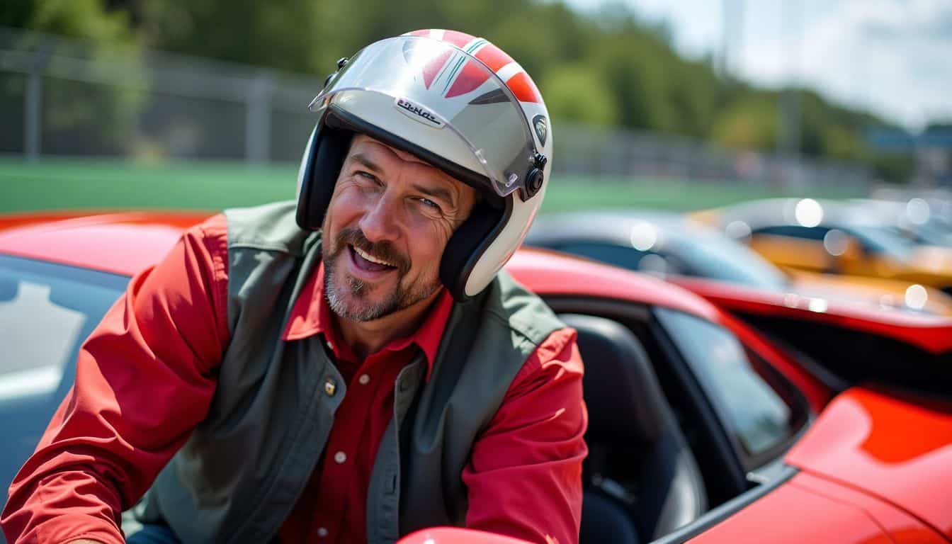 A middle-aged man excitedly gets into a bright red Lamborghini at the race track.