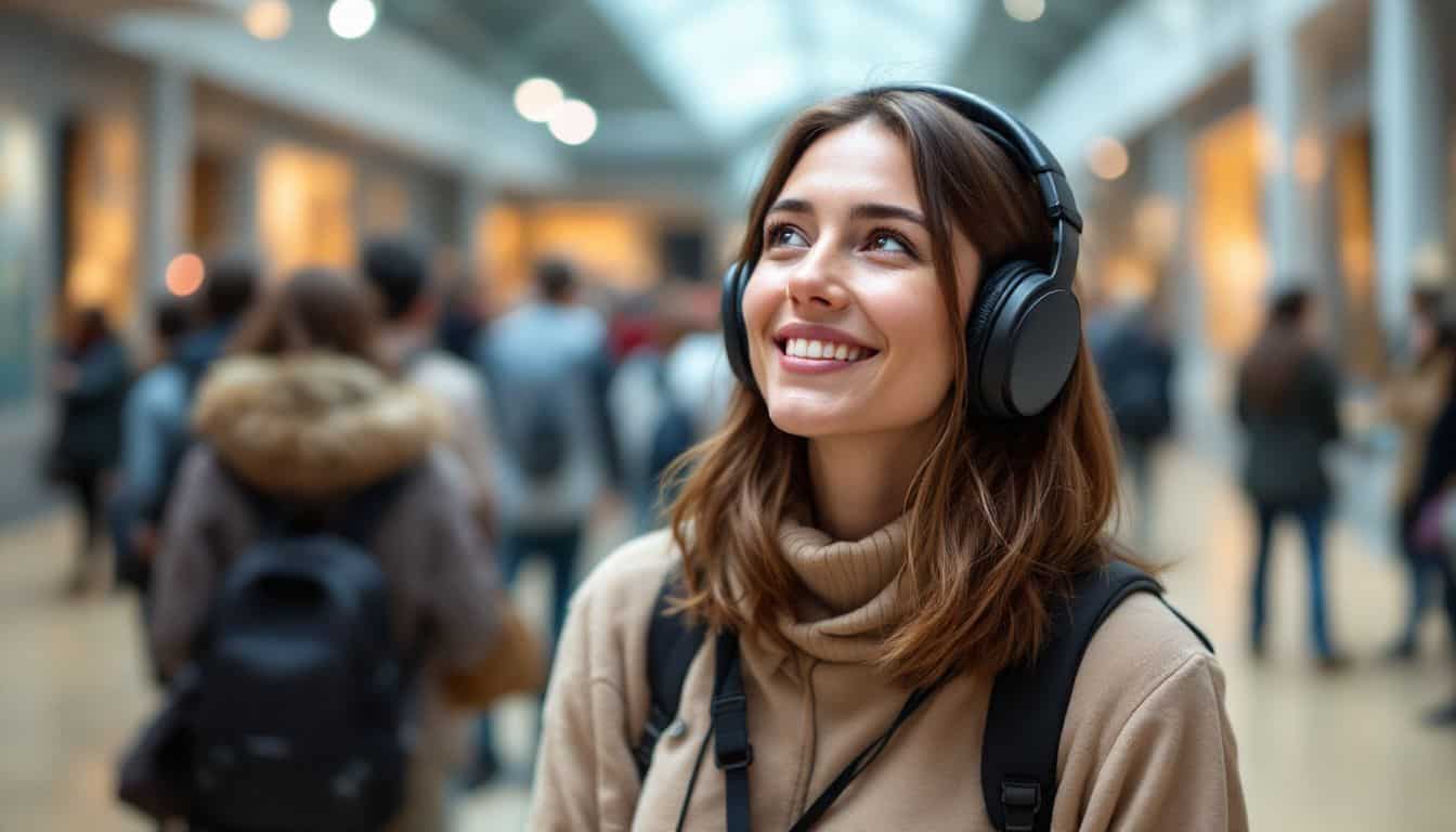 A woman in her 30s wearing noise-canceling headphones enjoys a museum visit.