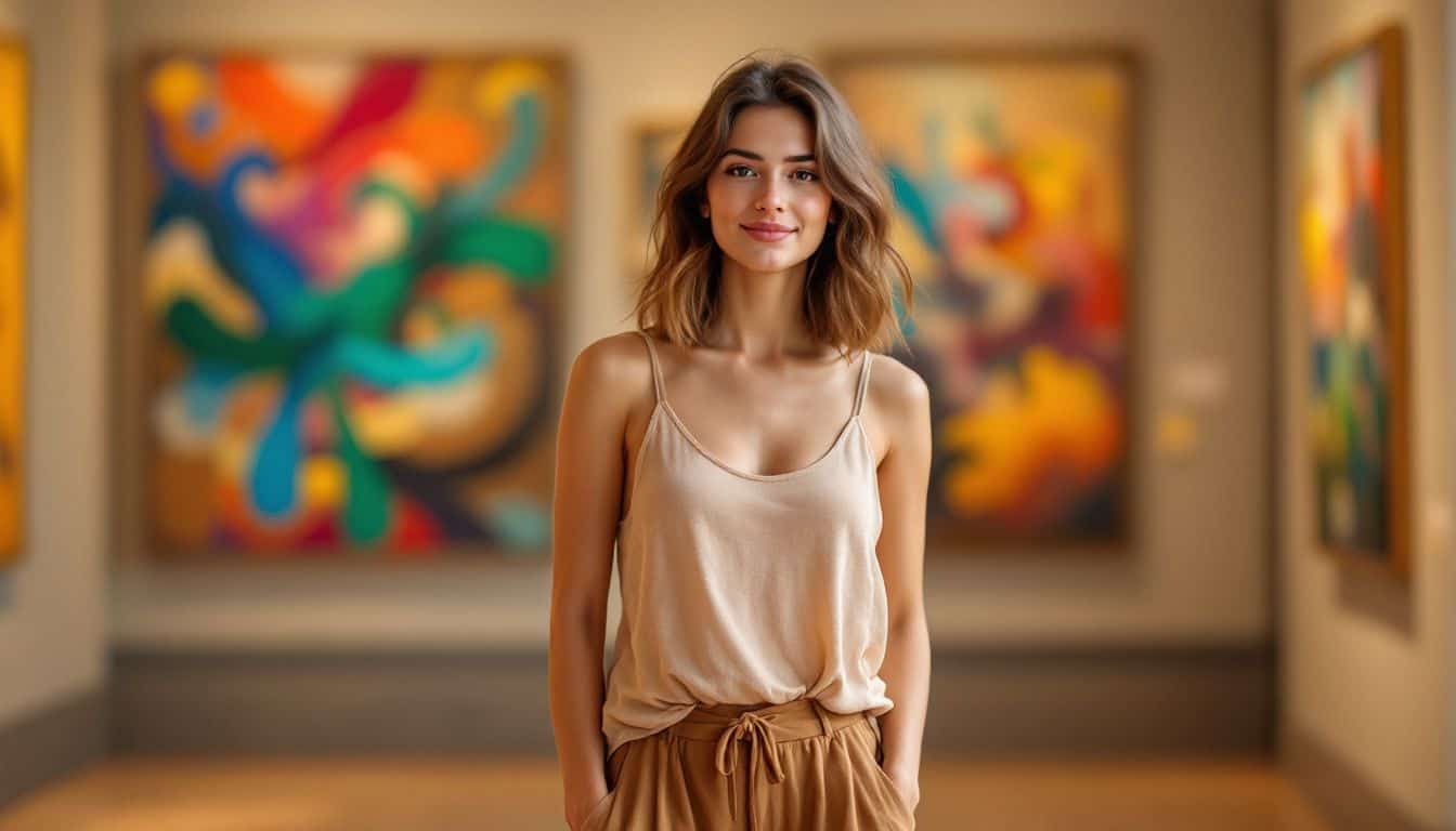 A young woman exploring an art museum in casual, stylish attire.