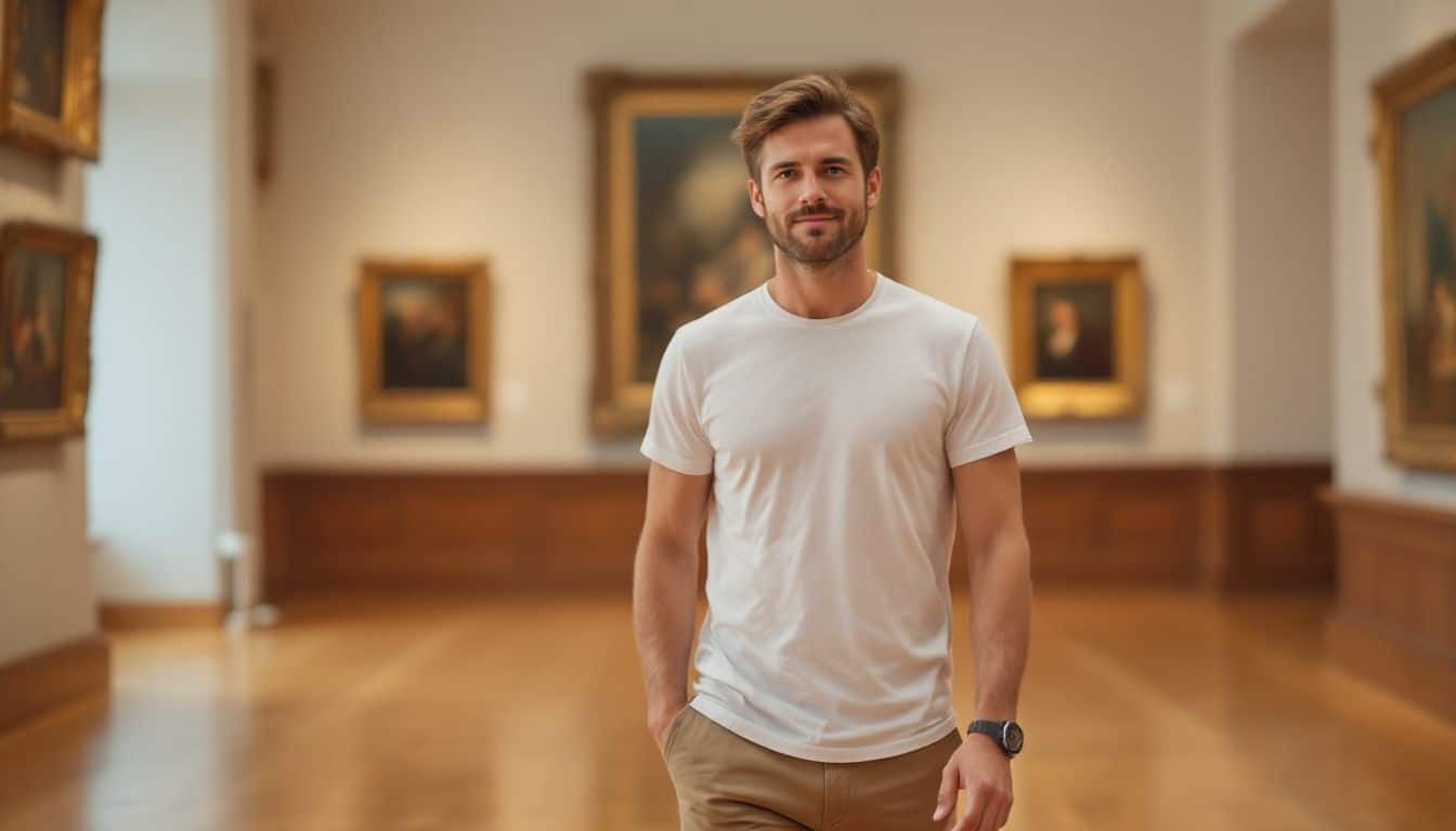 A man in casual attire walking through a museum gallery.