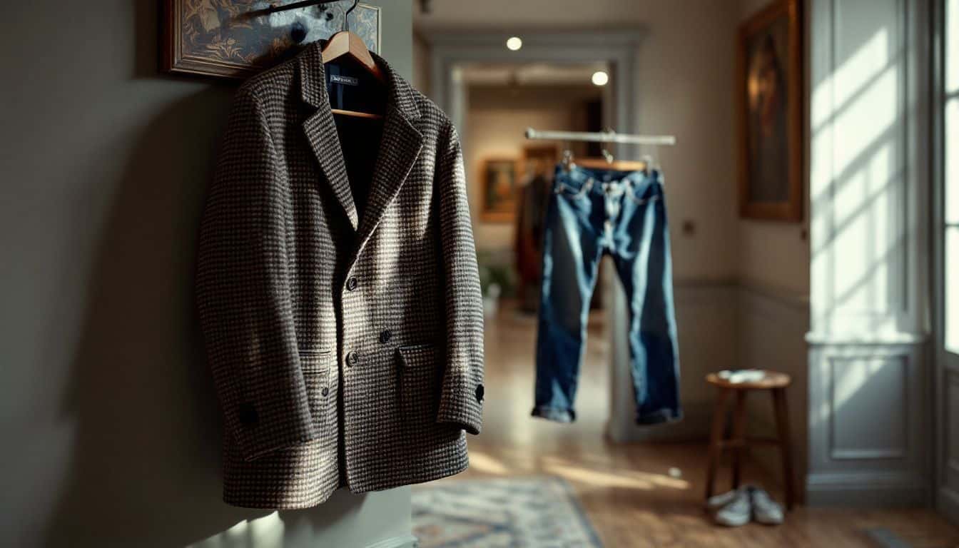 A tweed jacket, jeans, and sneakers hang on a coatrack.