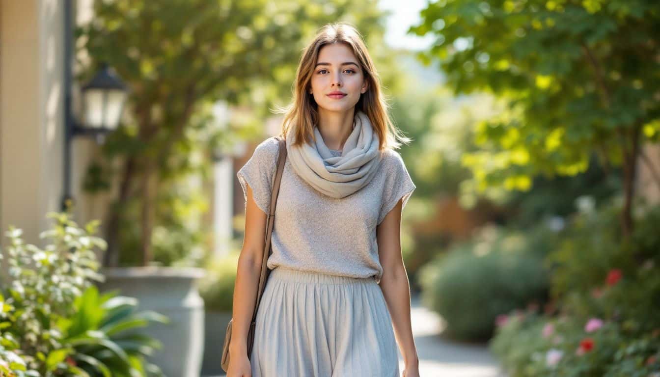 A young woman strolls through a museum garden in a casual outfit.