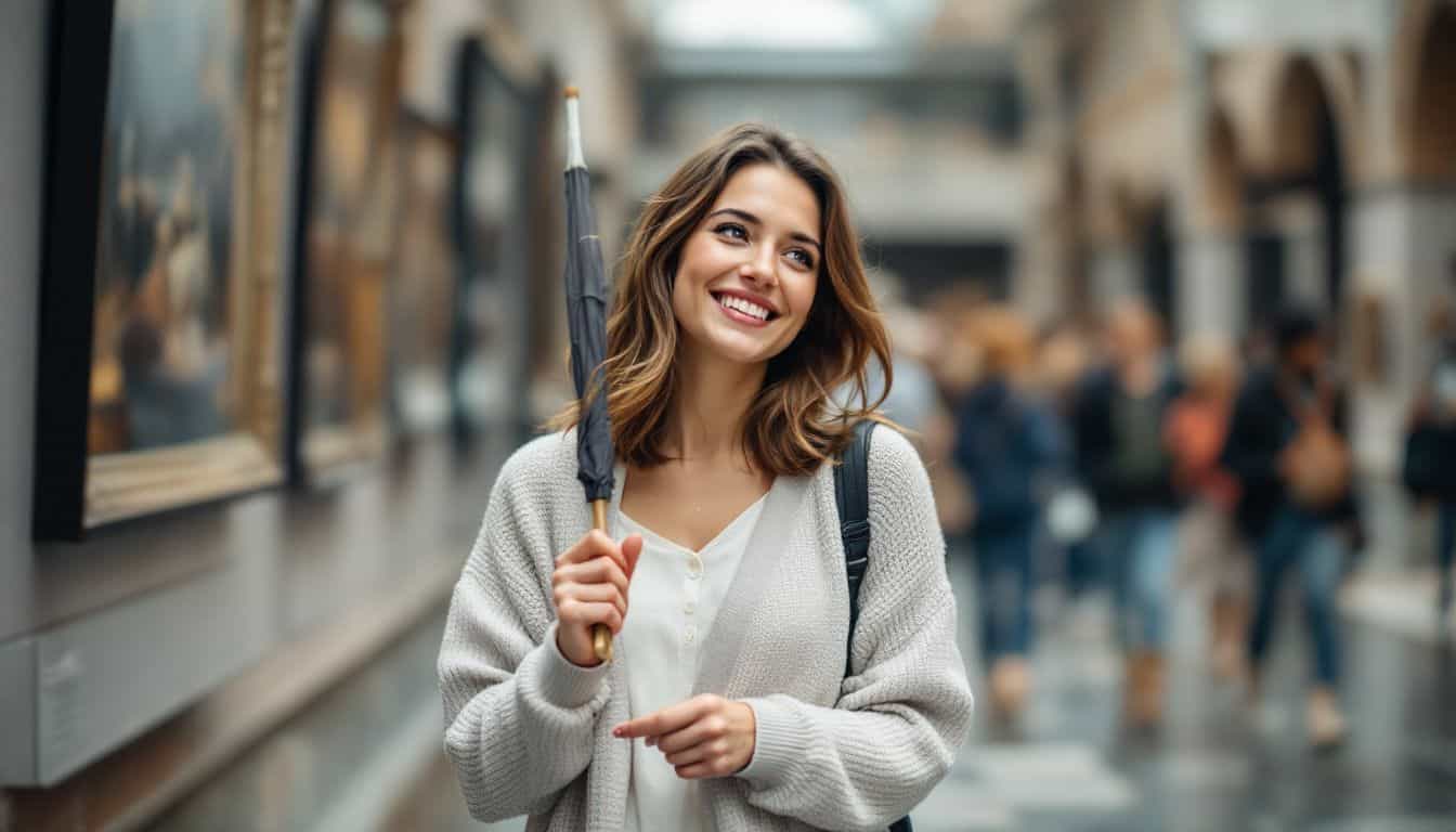 A woman in her thirties exploring a museum on a cool day.