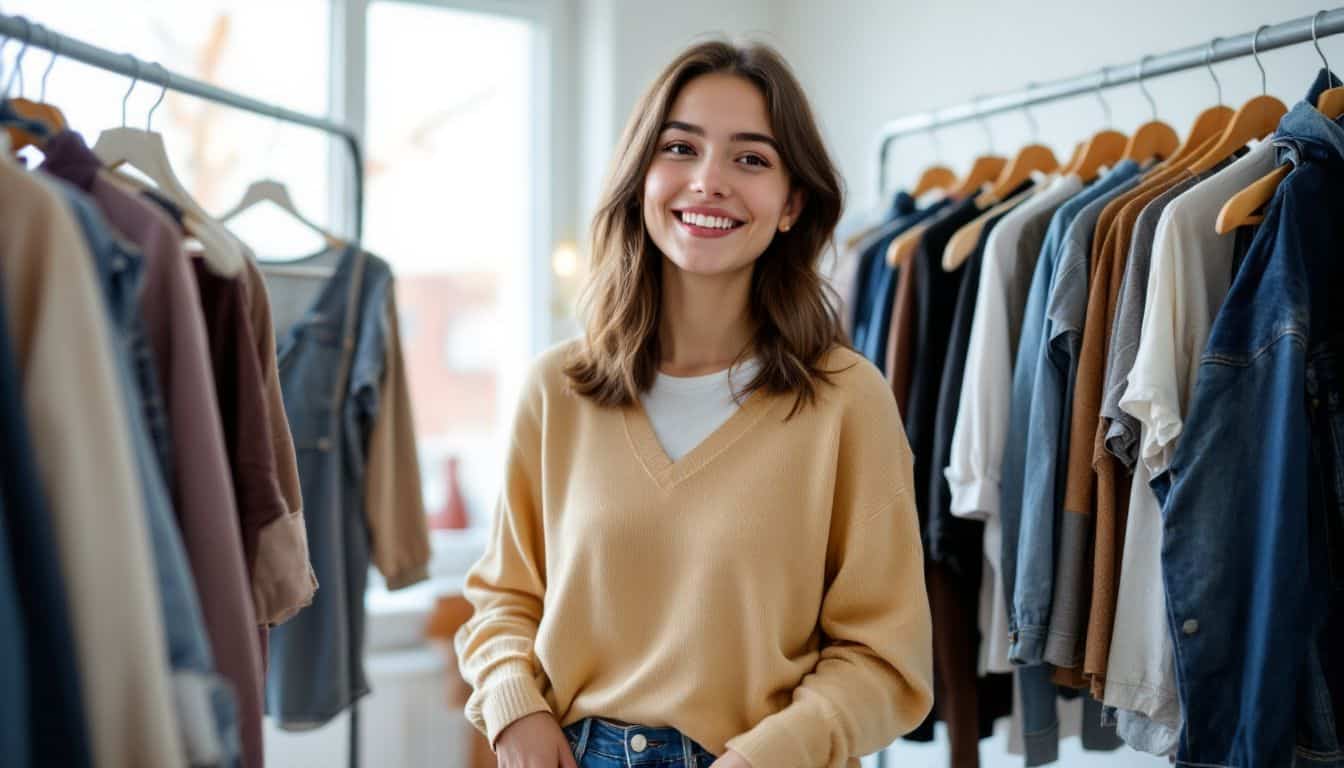 A young woman choosing an outfit for a museum visit.