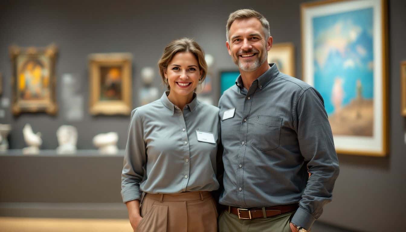 A man and woman in their 40s stand in a museum gallery.