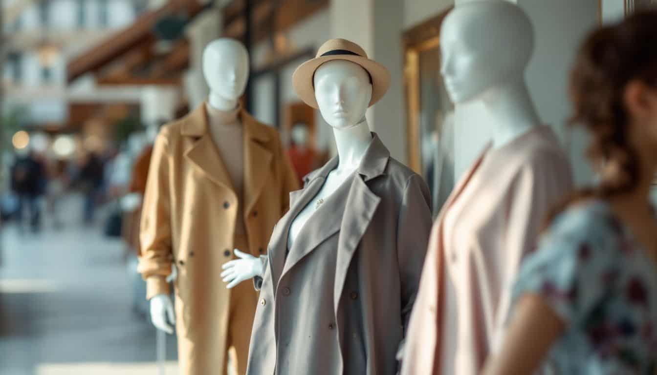 Mannequins in stylish museum outfits, captured in natural lighting.