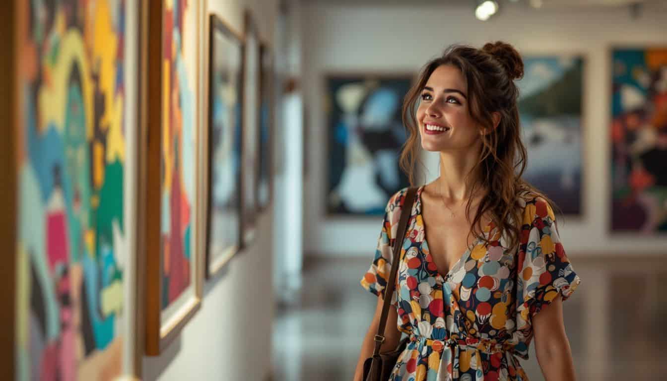 A confident woman admiring art in a contemporary gallery.