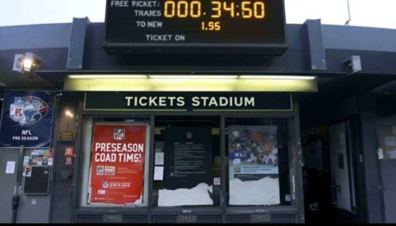 A worn-out ticket booth outside a stadium with torn NFL posters.