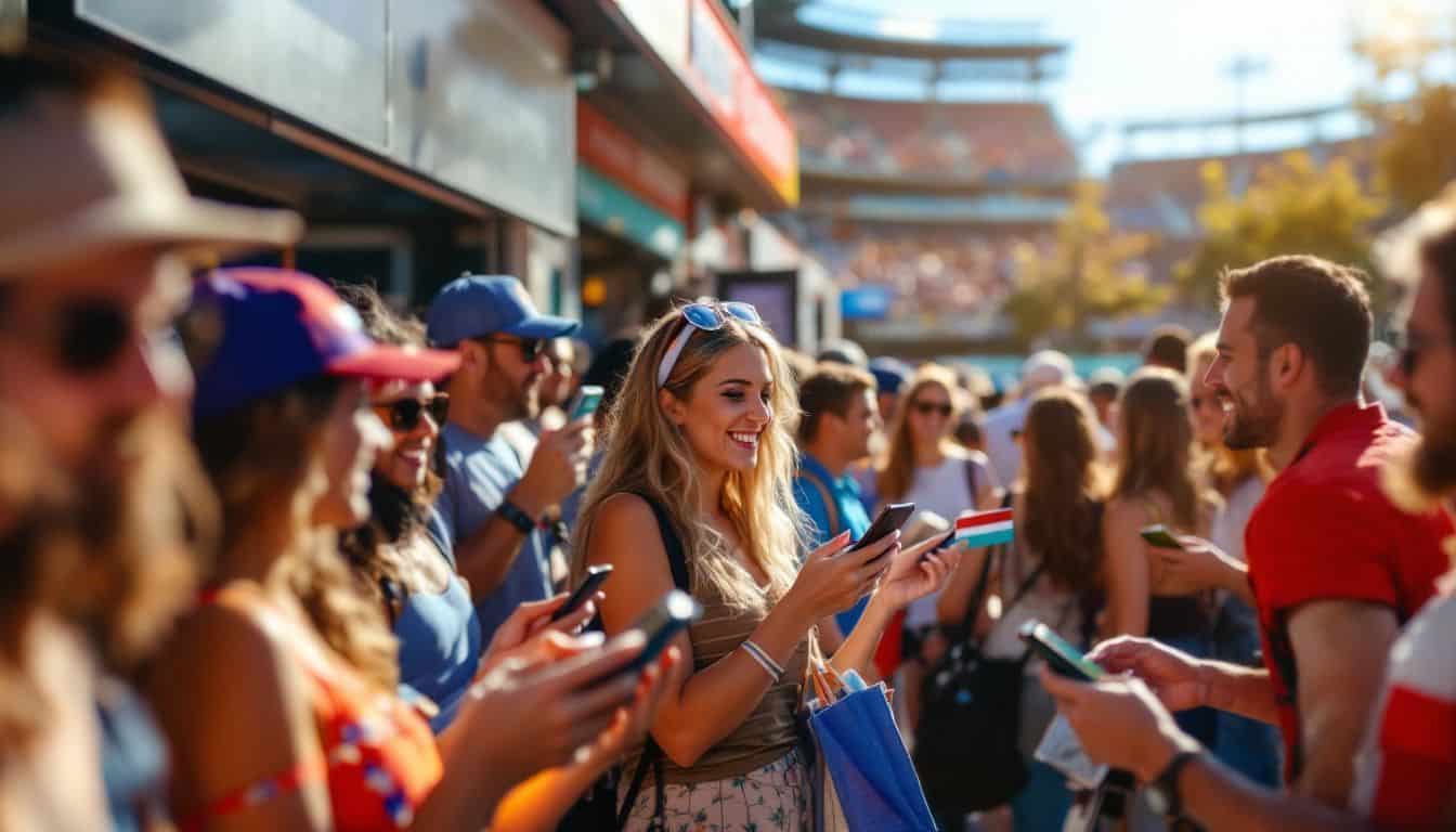 Fans eagerly lining up at a vibrant outdoor ticket booth for NFL preseason tickets.