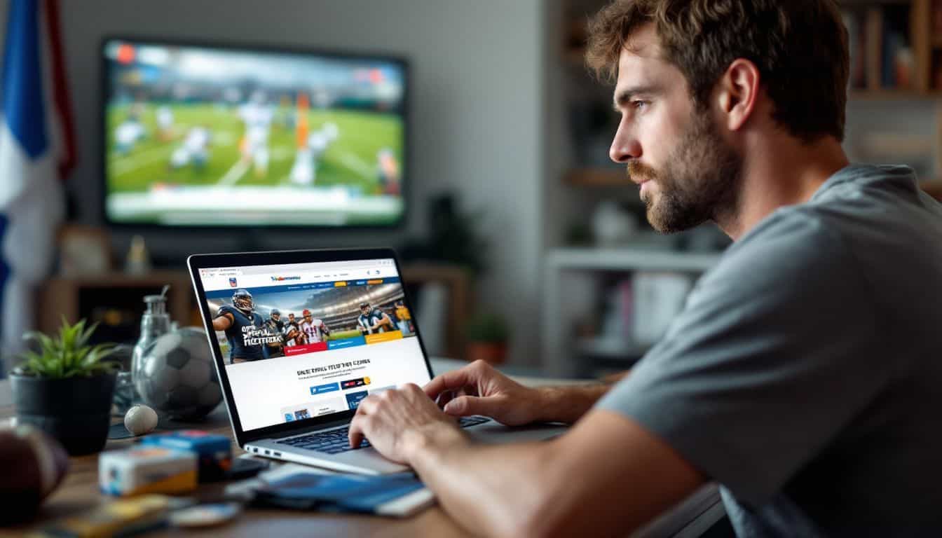 A man in his 30s buys NFL tickets online while surrounded by football memorabilia.