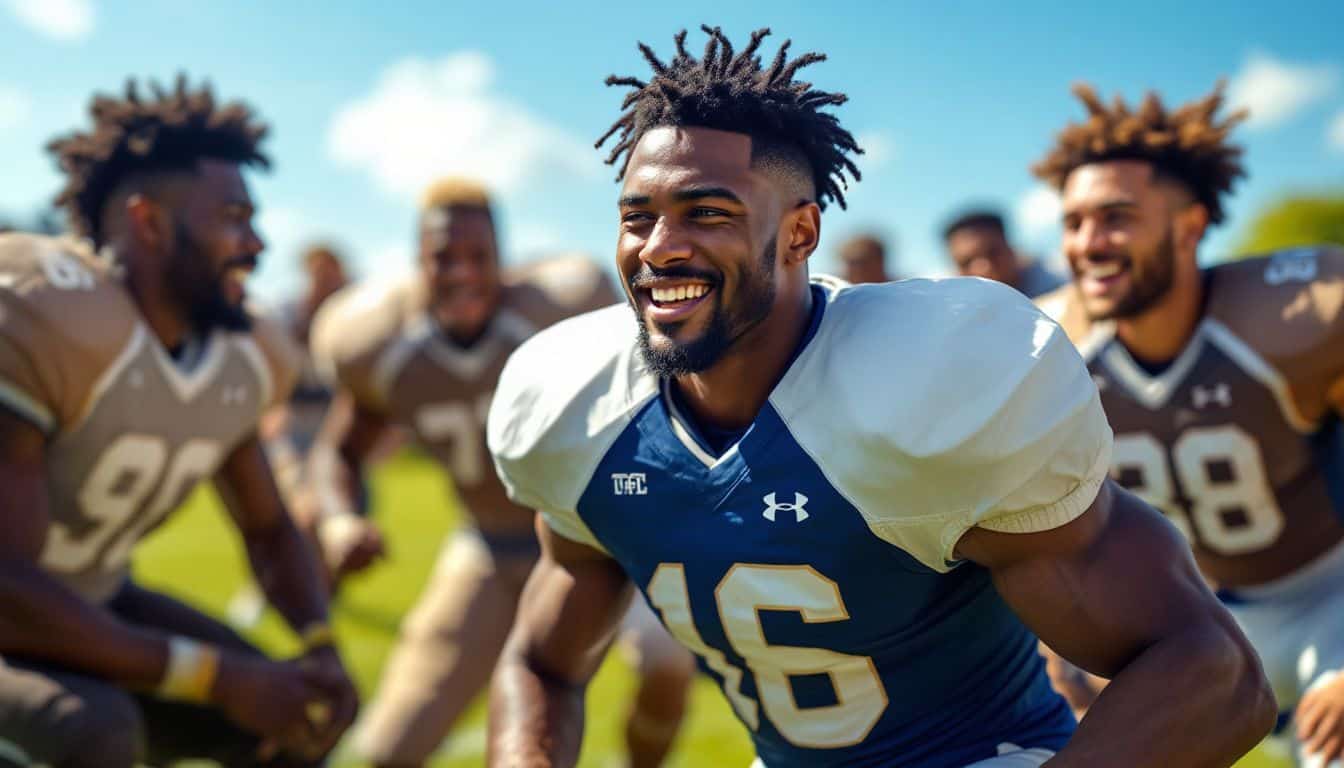 A diverse group of football players playing in a lively preseason game.