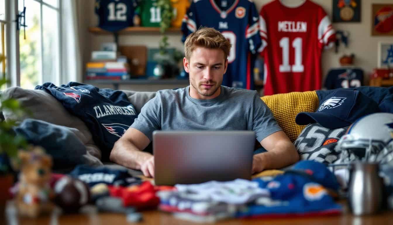 A man in his 30s browsing NFL merchandise on laptop in cozy living room.