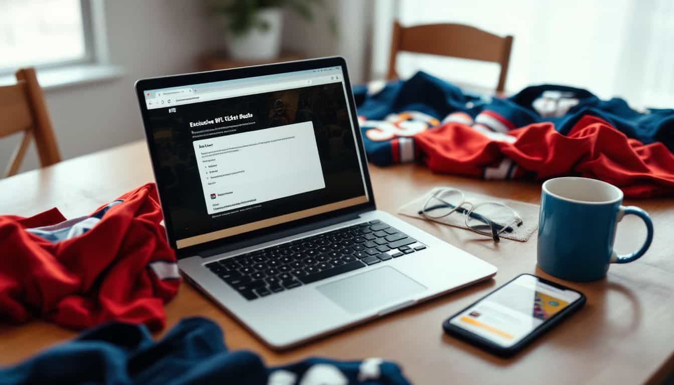 A cluttered dining table with a laptop, football jerseys, and notifications.