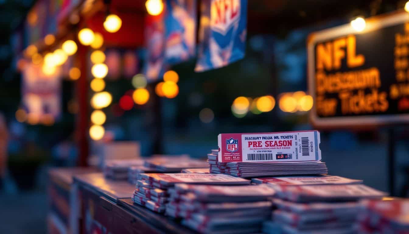 A colorful outdoor ticket booth with preseason NFL tickets on display.