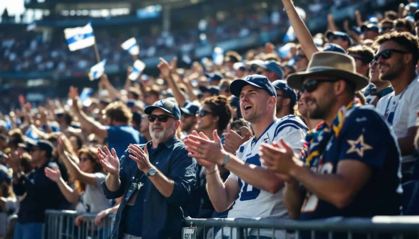 Crowded football stadium with enthusiastic fans and ticket scalpers.