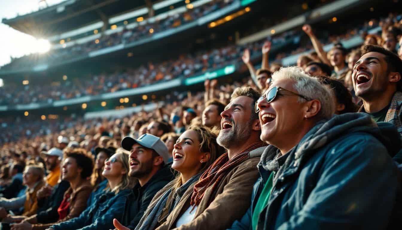 A vibrant and diverse crowd cheering at a football stadium.