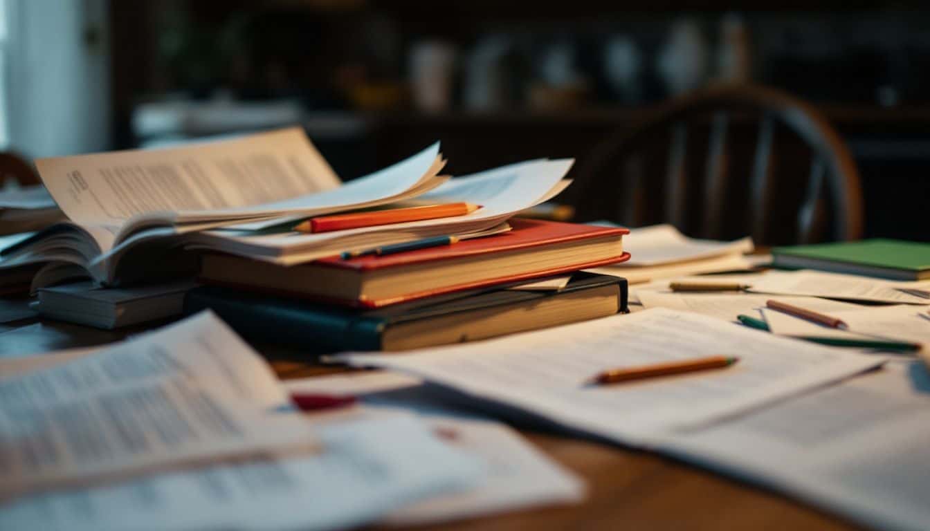 A cluttered kitchen table with textbooks and papers reflects discussions about homework.