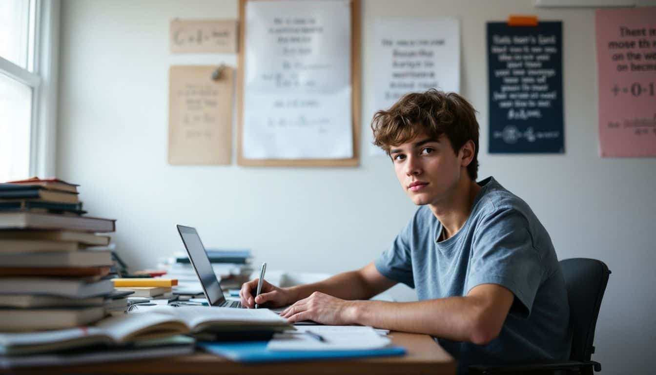 A middle school student is studying at a cluttered desk.