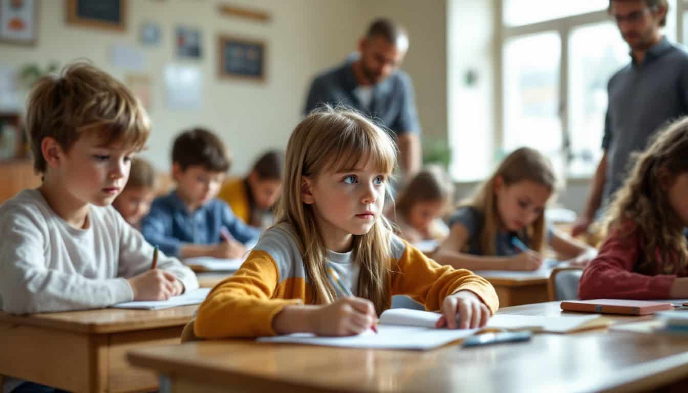 A group of school children sits in a classroom working on homework while their teacher supervises.