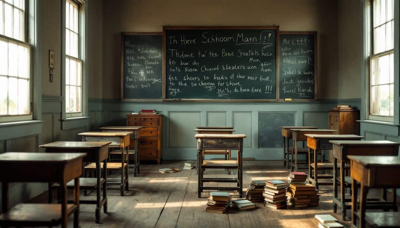 An old-fashioned one-room schoolhouse with wooden desks and chalkboard.