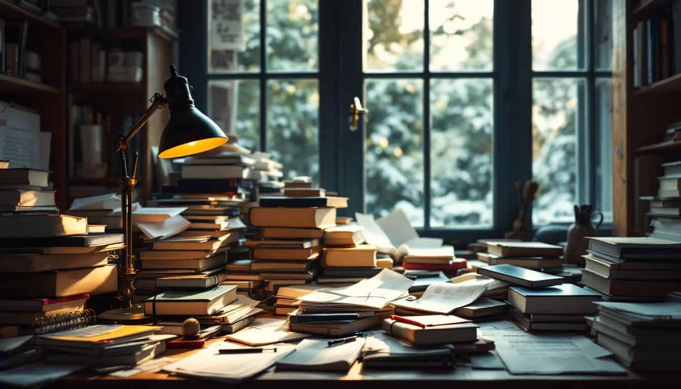 A cluttered study room with a vintage desk and textbooks.