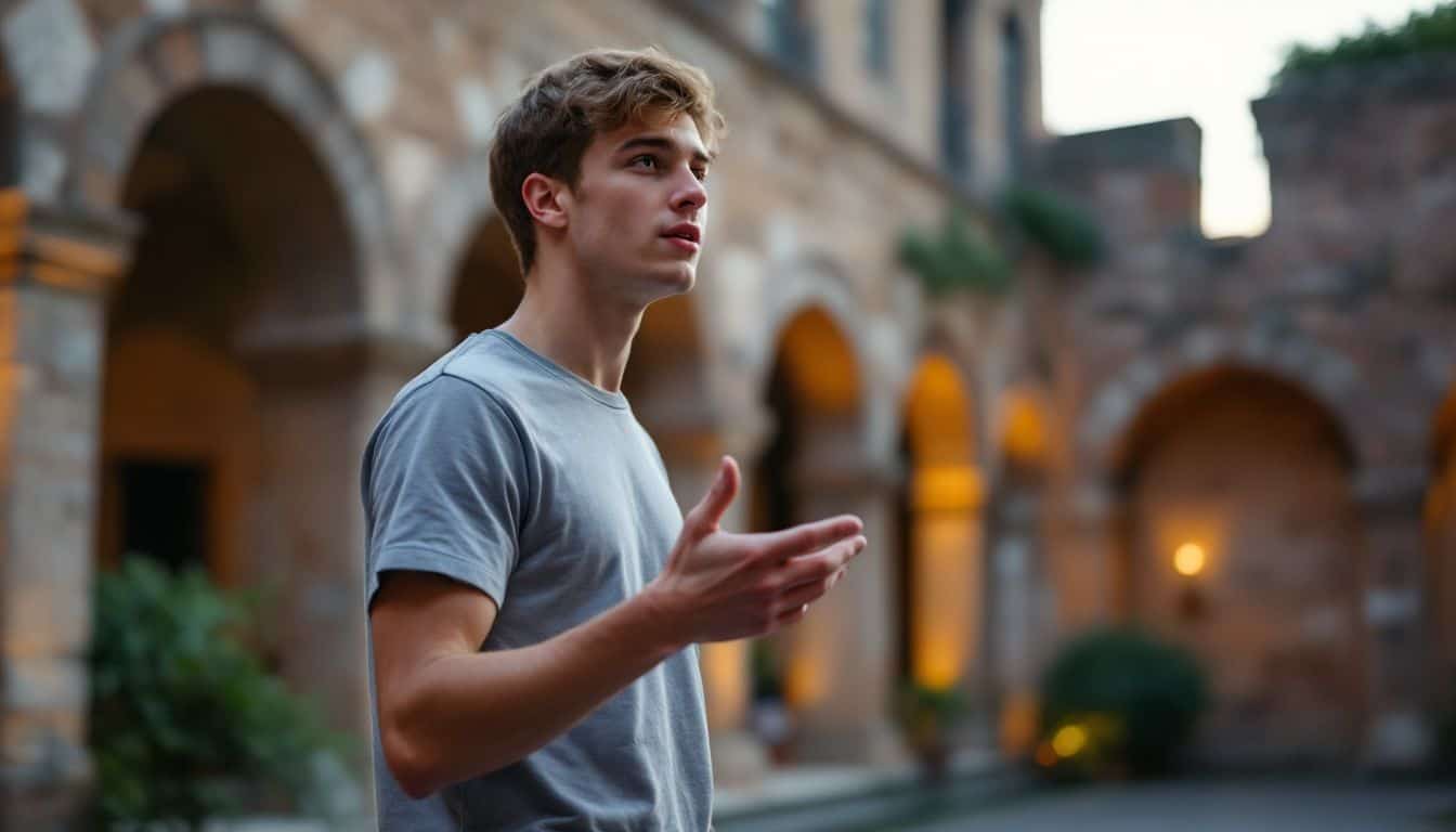 A teenage student practices public speaking in a historic courtyard.