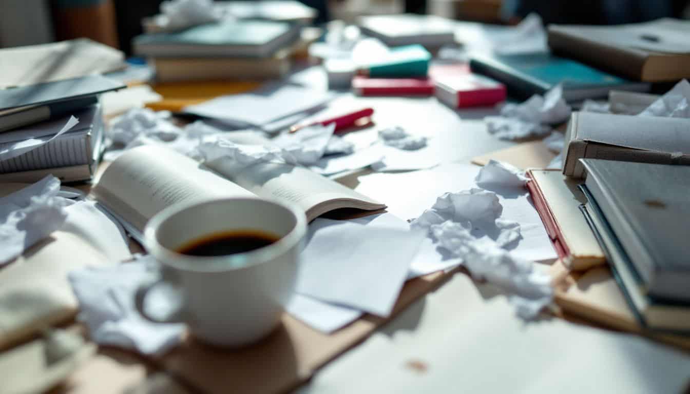 A cluttered study desk with scattered textbooks and papers.