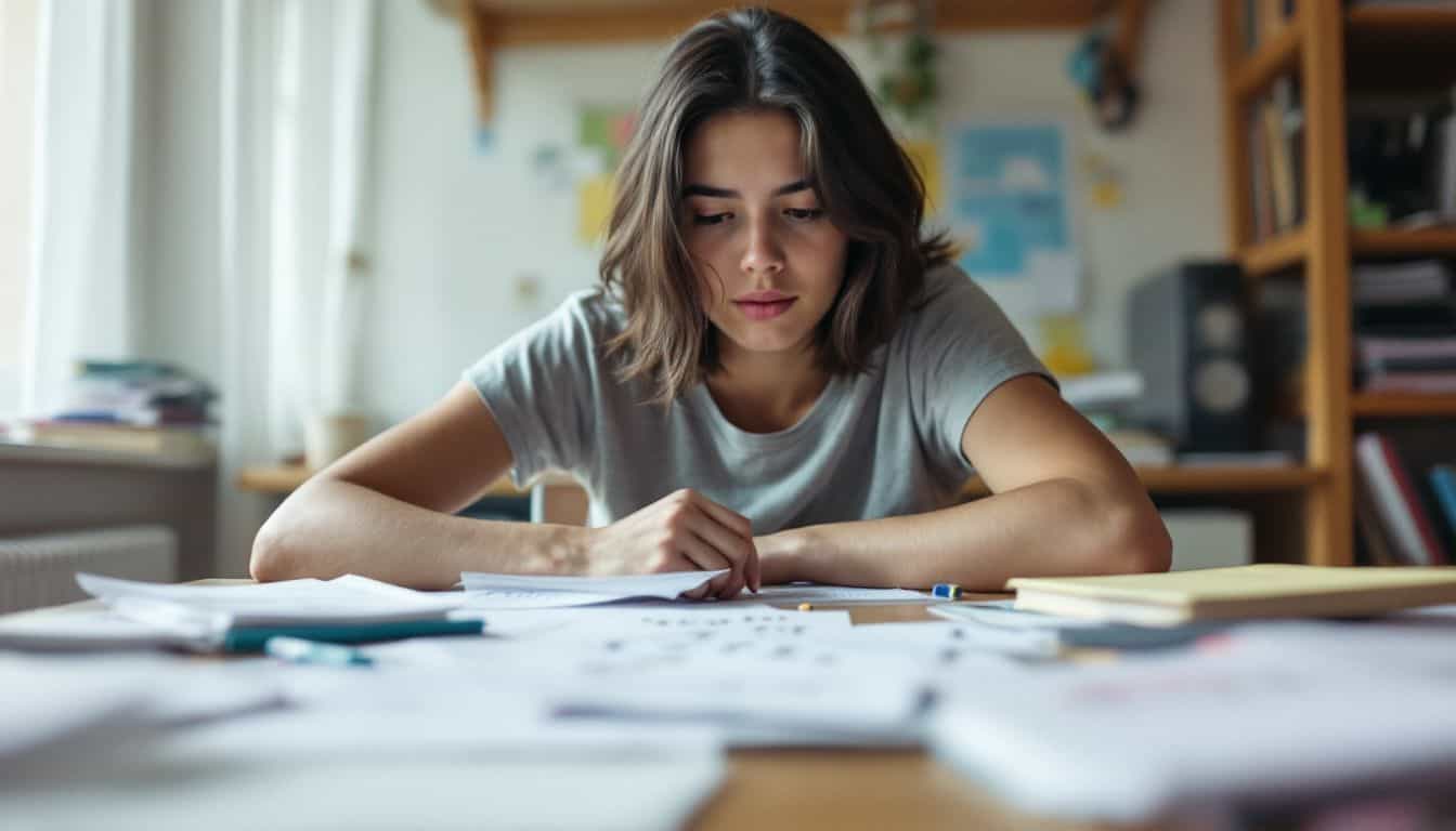 A focused teenage student studies math at cluttered desk.