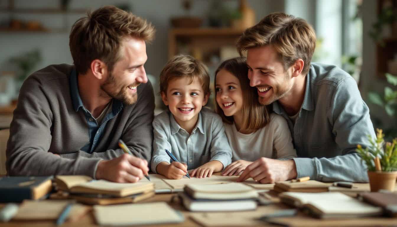 A family of four gathered around a wooden table with historical homework tools.