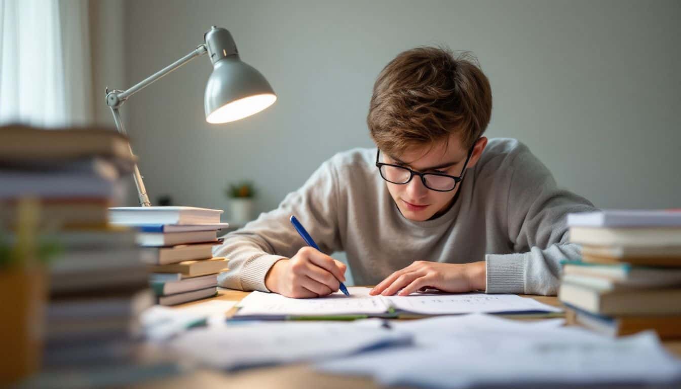 A teenage boy studying at a desk surrounded by math books and papers.