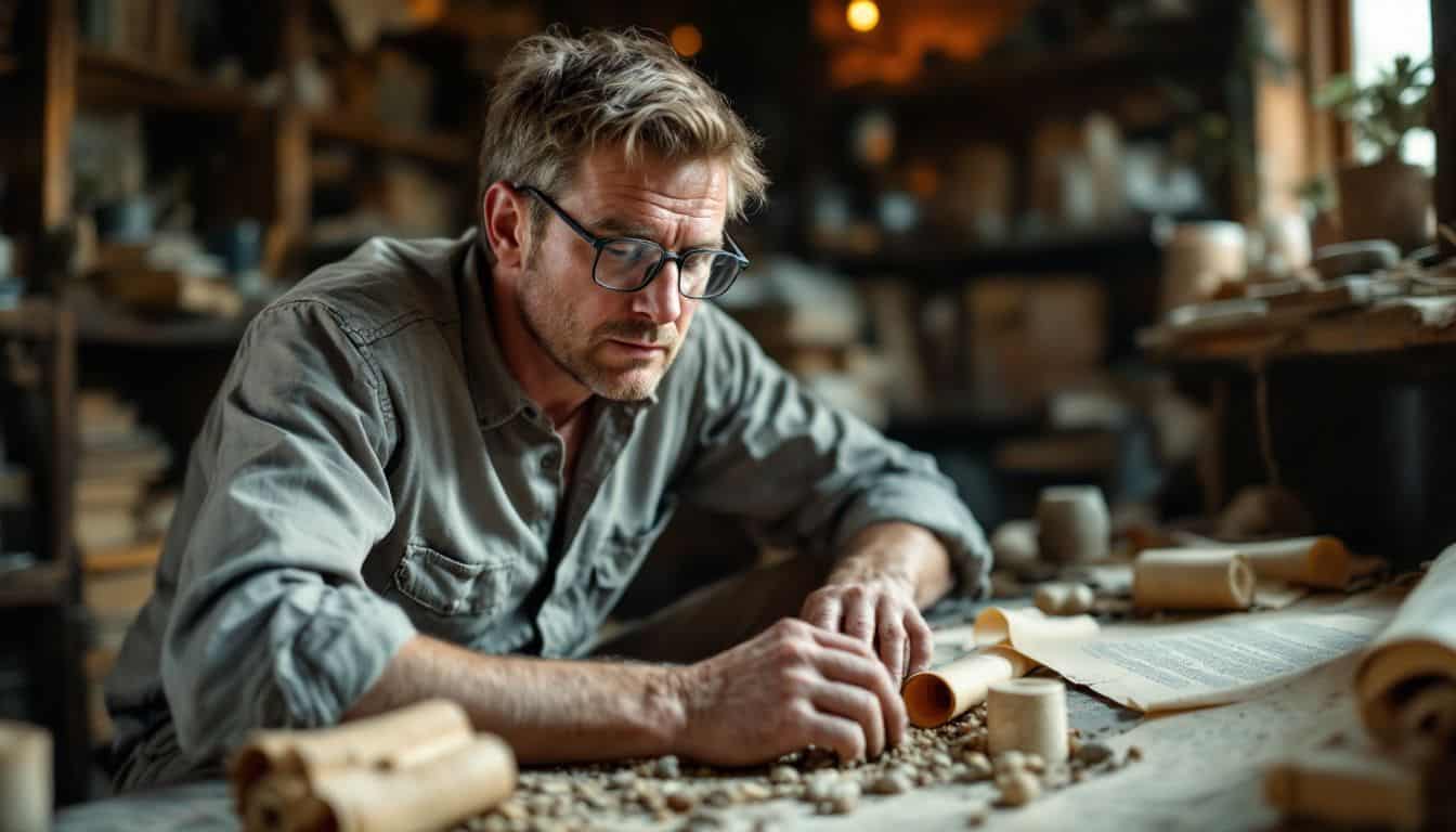 A middle-aged male archaeologist digs through ancient artifacts in a study.