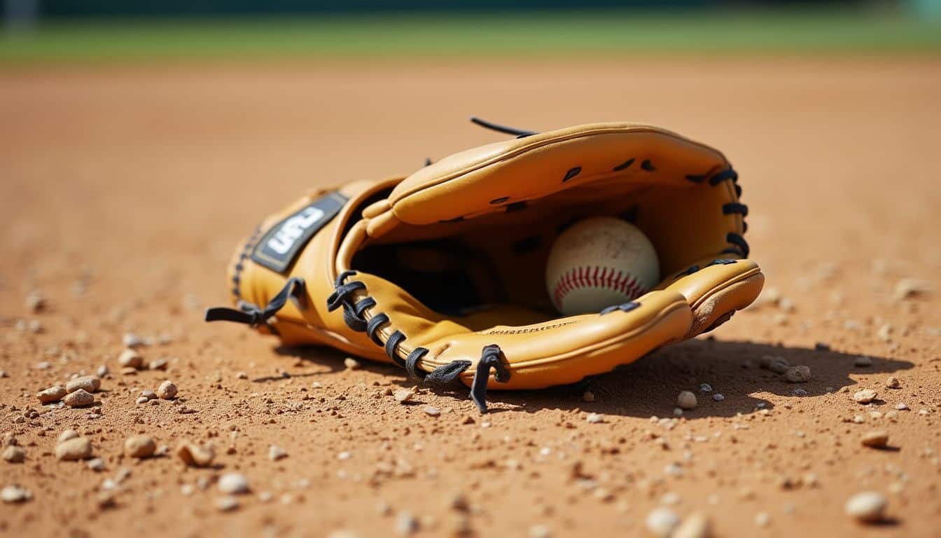 A worn softball glove lies on a dusty local field.