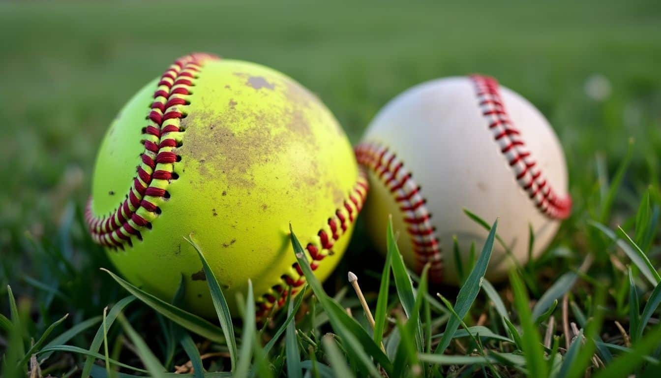 A worn-out softball and baseball on a grassy field.