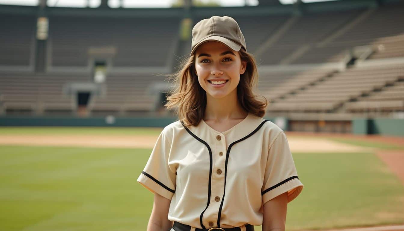 A young woman in a vintage baseball uniform stands in an empty ballpark.