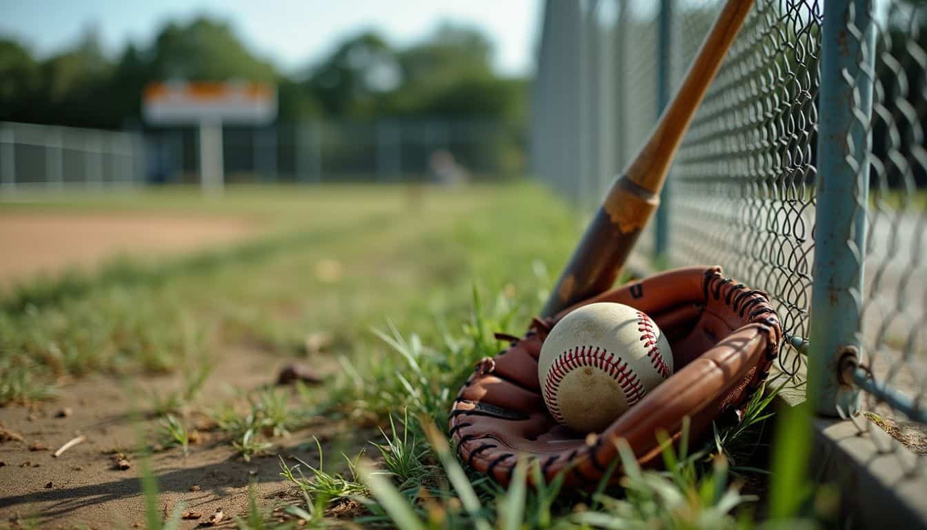 A worn baseball glove and bat at an abandoned field.