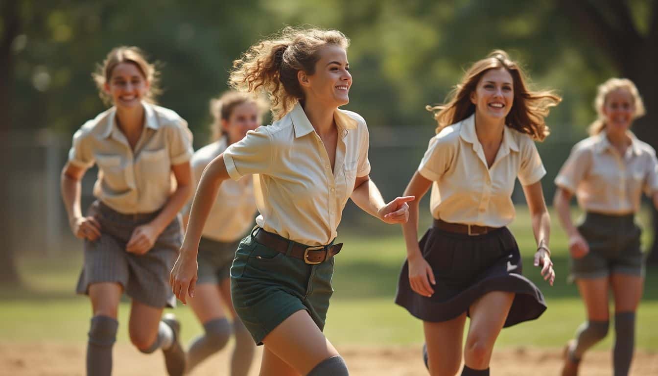 A group of women in vintage softball uniforms playing in a park.