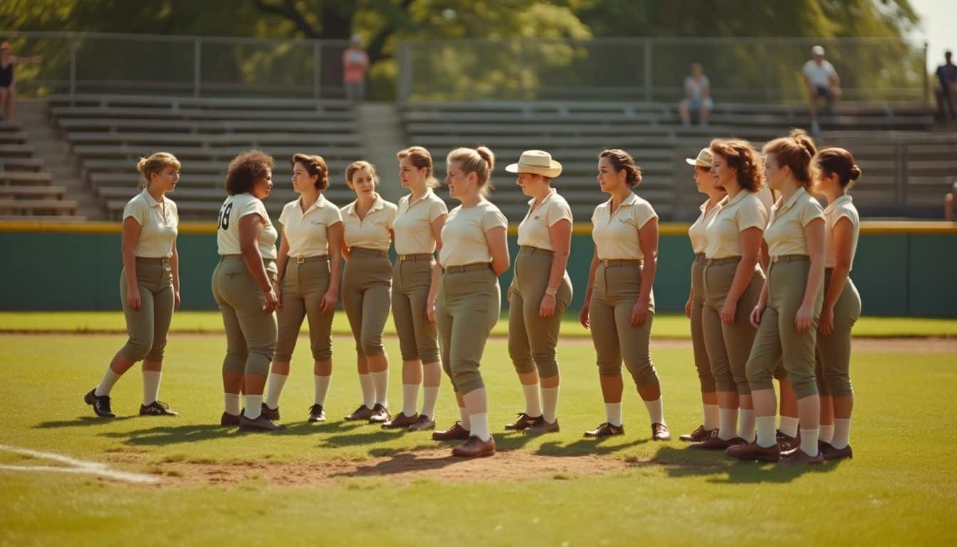 A vintage softball game with diverse women players enjoying camaraderie.