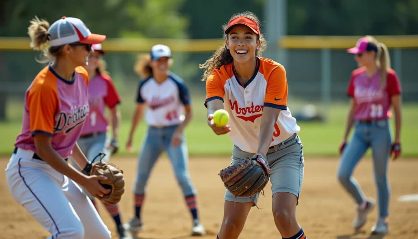 A diverse group of young women playing baseball on a grassy field.