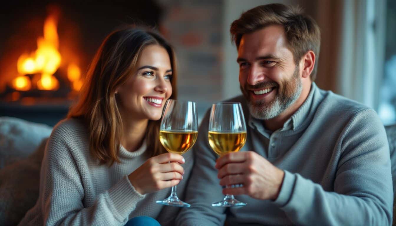 A couple in their 40s enjoying wine by the fireplace.