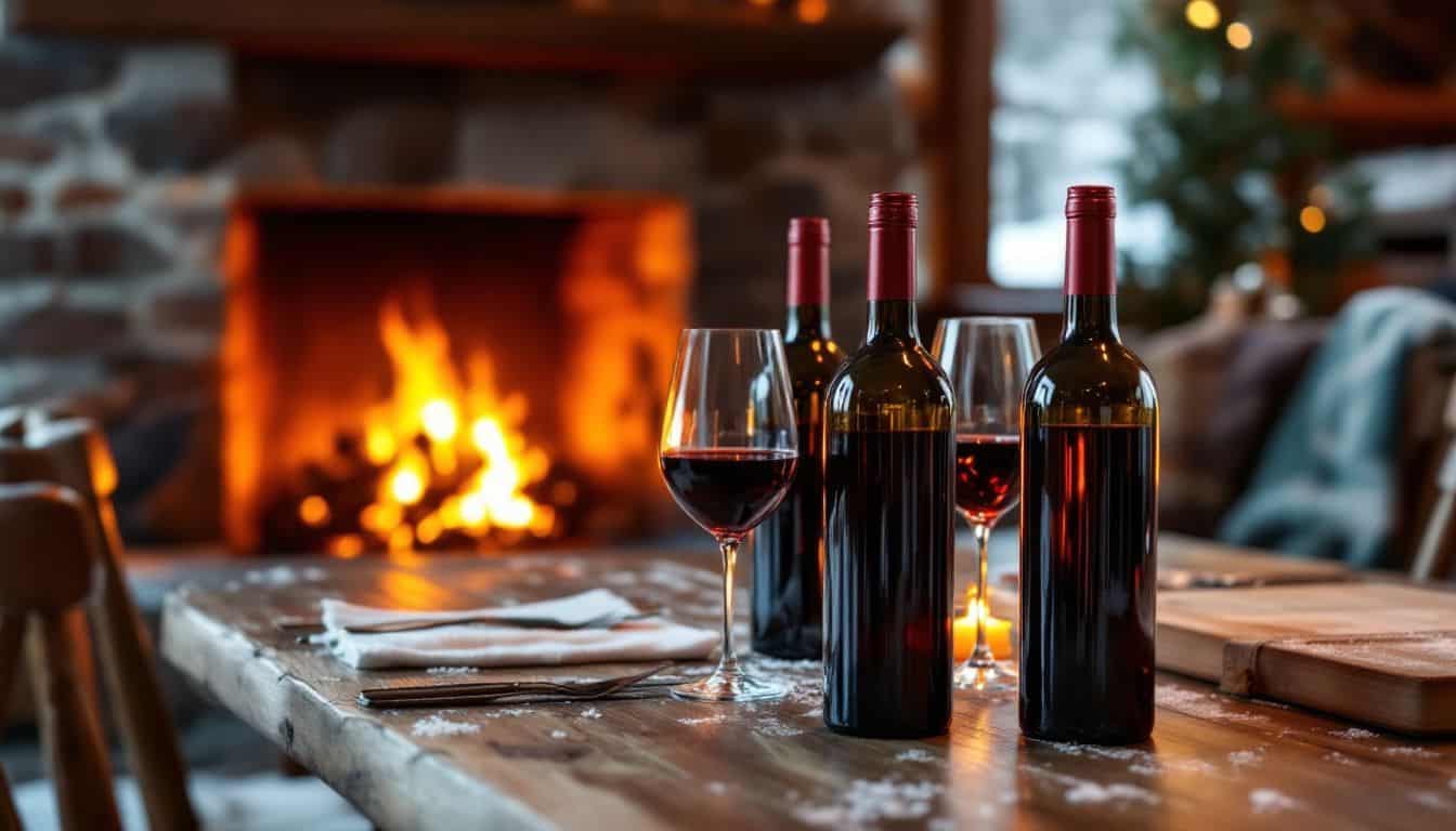 A cozy winter cabin interior with a crackling fireplace and wine.