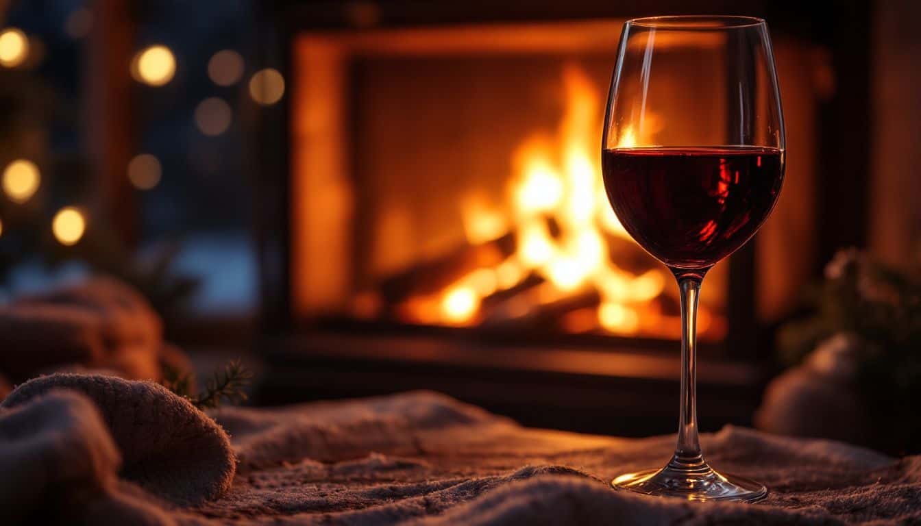 A glass of red wine sits by a crackling fireplace.