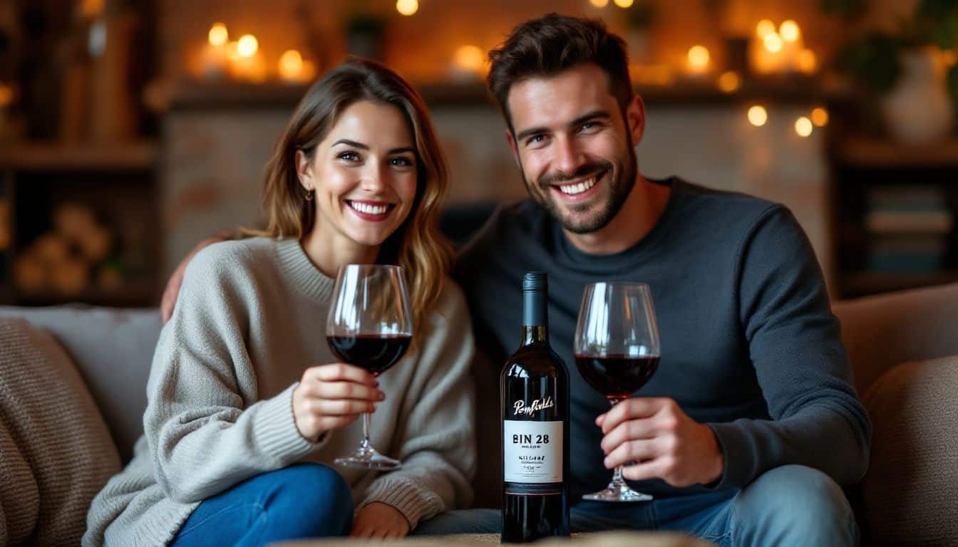 A couple in their 30s enjoying wine by the fireplace.