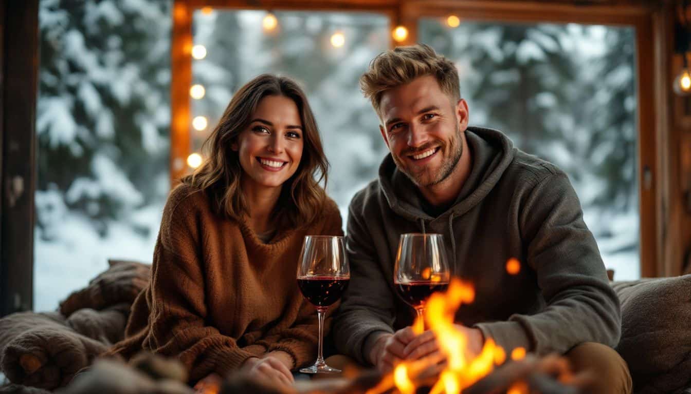 A couple in their 40s enjoying winter wines in a rustic cabin.