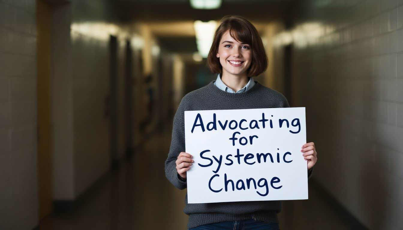 A college student stands in a hallway holding a sign.