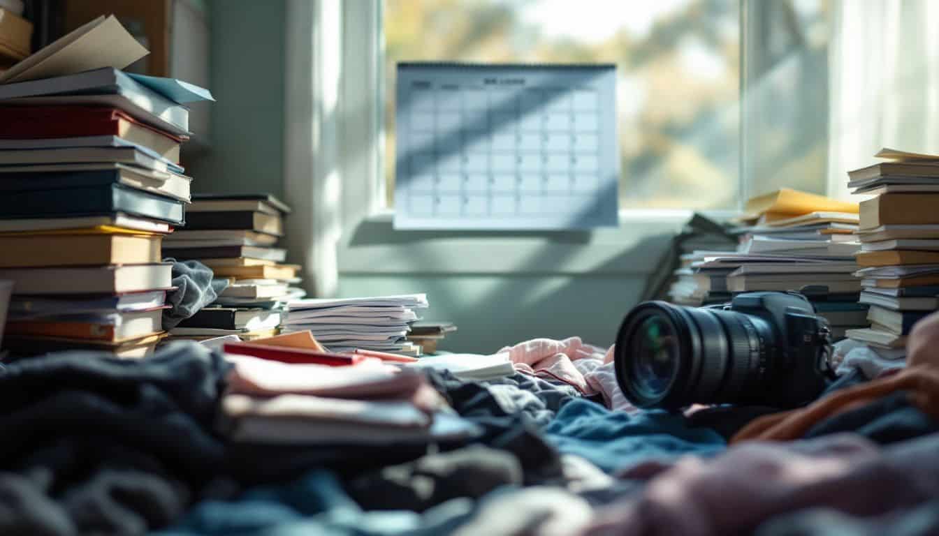 A cluttered college dorm room filled with textbooks, papers, and clothes.